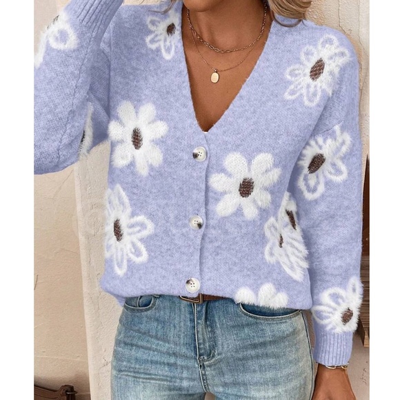Rouge! Sweaters - Lavender Purple Cardigan Knit Flower Textured Button Front Stretchy, Soft